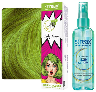 Streax Professional Vitariche Gloss Hair Serum (200 ml) Hold & Play Funky Colour, Hair Color, 100g - Perky Green